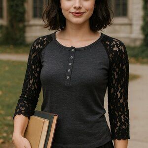 Forever 21 Black Lace & Gray Henley Shirt Soft Goth Grunge Midwest Emo Revival L
